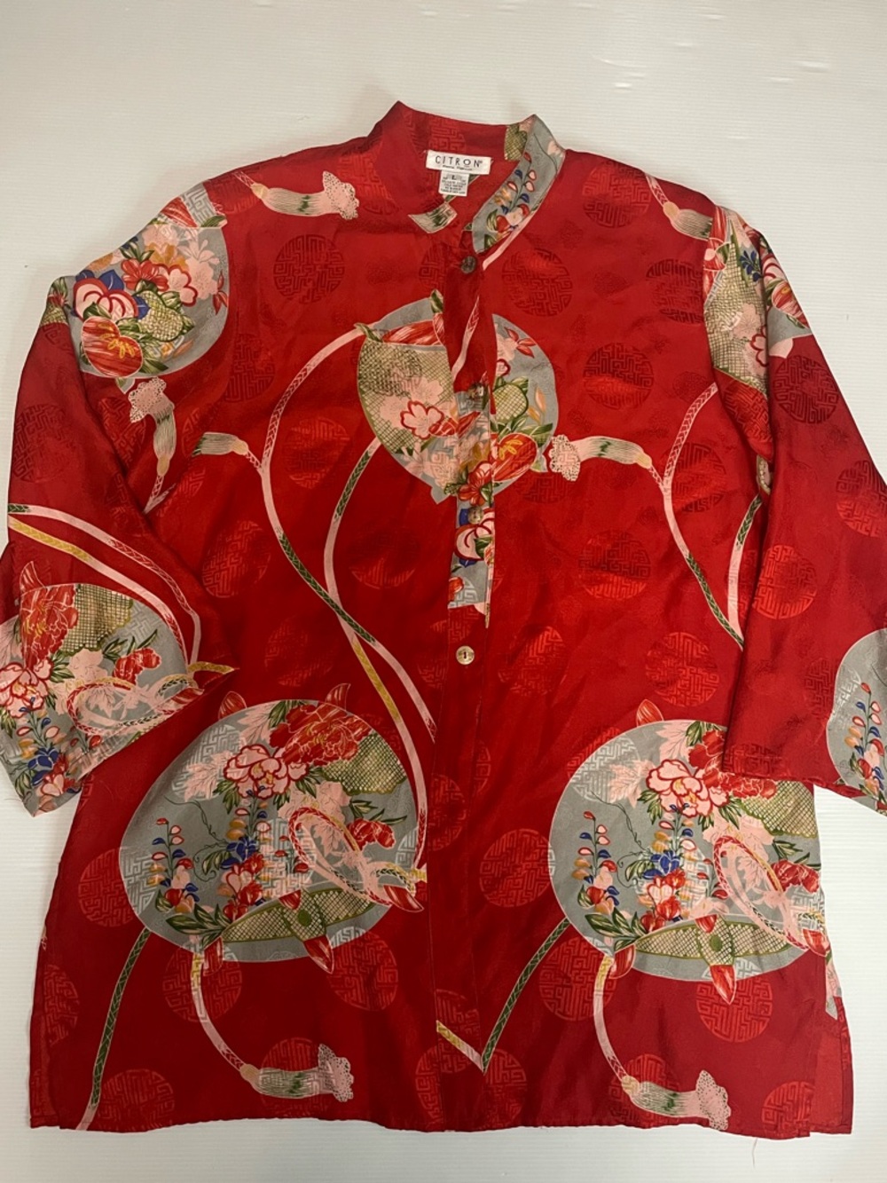 VTG Citron Santa Monica Silk Kimono Style Asian Inspired Tunic Red Floral SZ L
